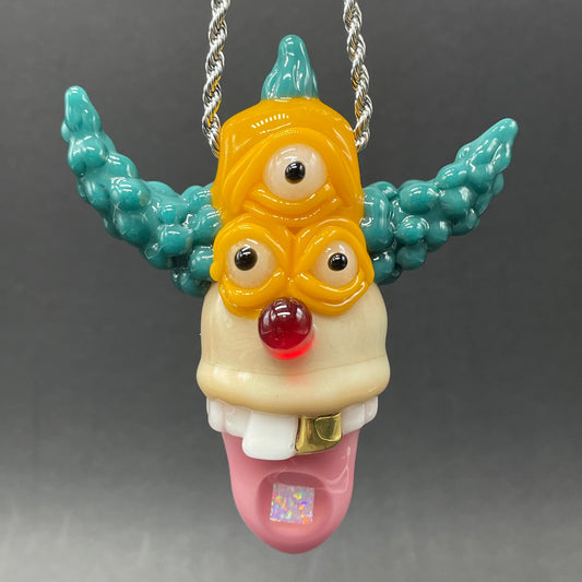 Krusty the clown glass pendant with opal tab detail view - premium glass art
