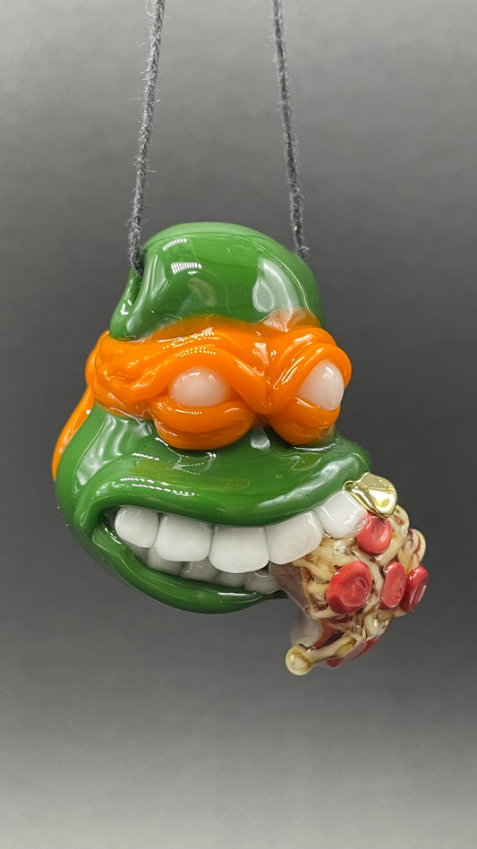 Glass Ninja Turtle Pendant – Handmade Michelangelo Pizza Necklace, TMNT Fan Jewelry