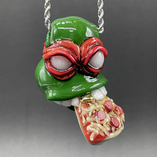 Glass Ninja Turtle Pendant – Handmade Raphael Pizza Necklace, TMNT Fan Jewelry