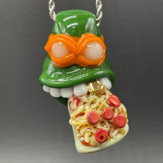 Glass Ninja Turtle Pendant – Handmade Michelangelo Pizza Necklace, TMNT Fan Jewelry
