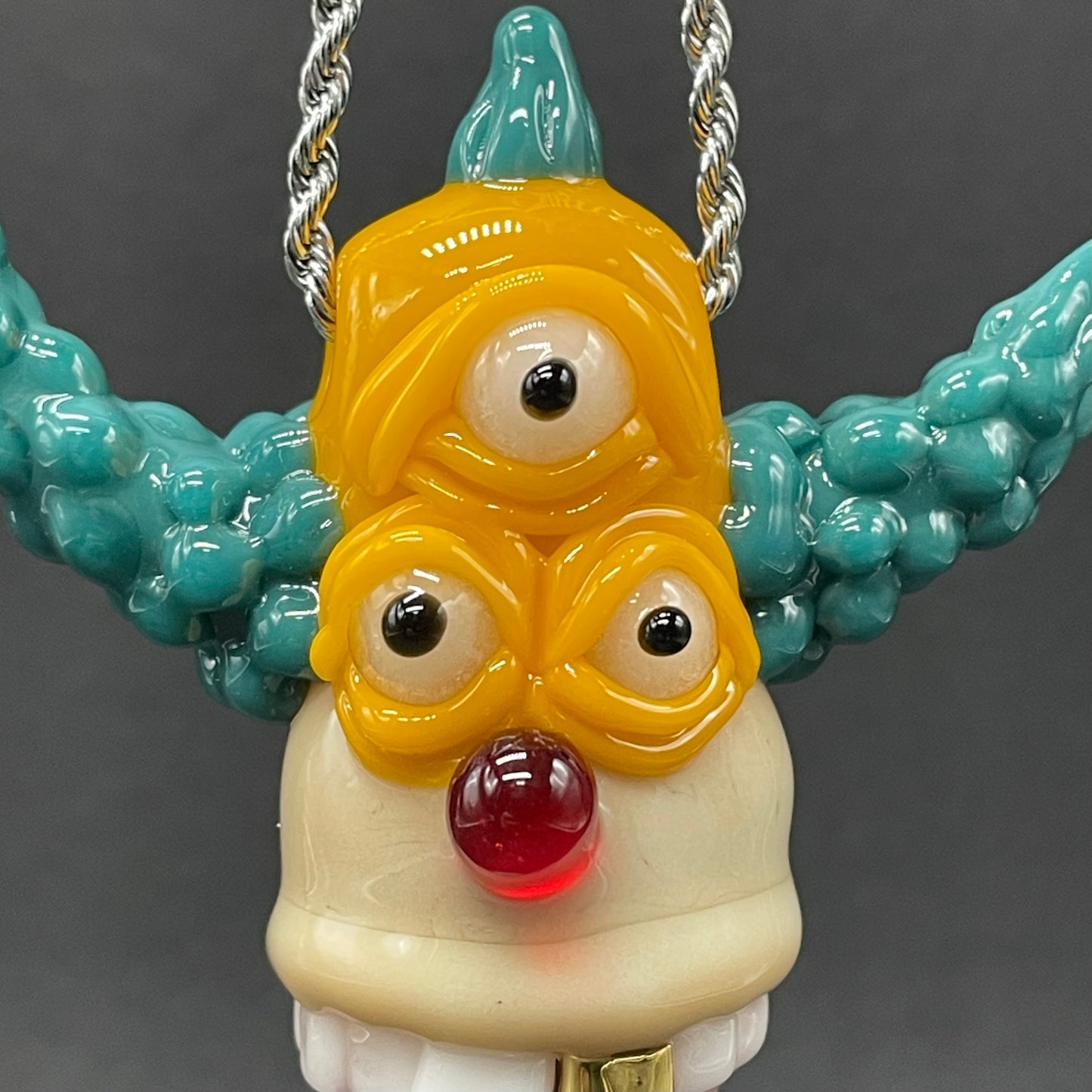 Krusty the clown glass pendant with opal tab by Leviathan Glass - artisan detail