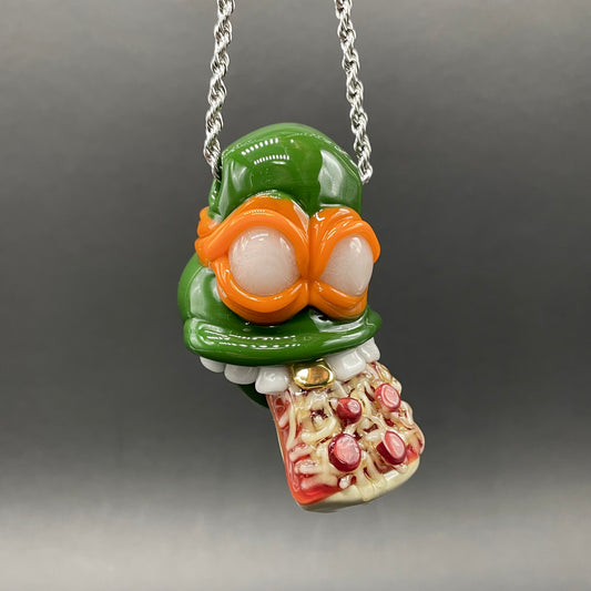 Hand-blown glass Glass Ninja Turtle Pendant – Handmade Michelangelo Pizza Necklace, TMNT Fan Jewelry by Leviathan Glass