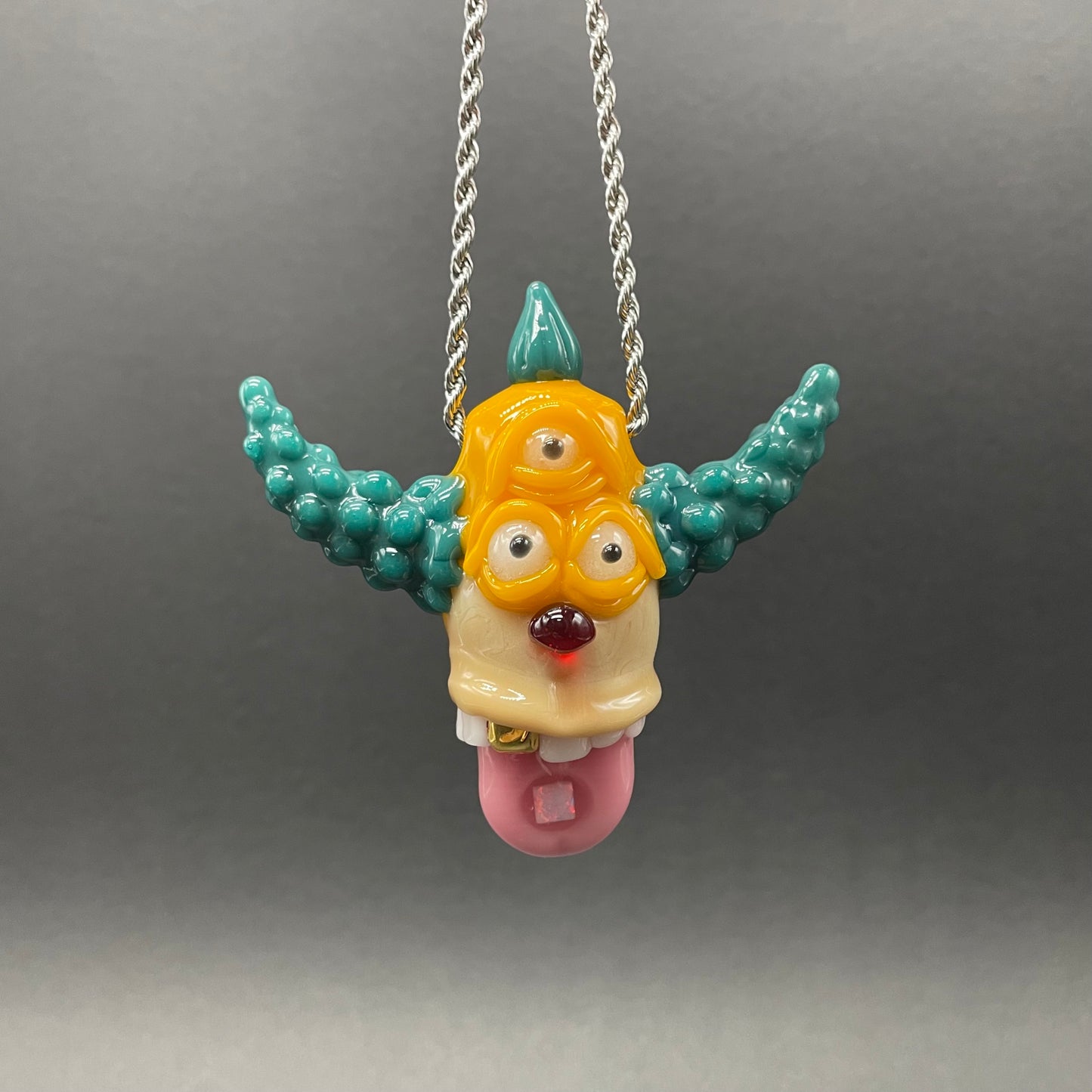 Third eye Krusty the clown glass pendant with opal tab