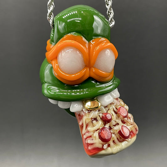 Glass Ninja Turtle Pendant – Handmade Michelangelo Pizza Necklace, TMNT Fan Jewelry detail view - premium glass art