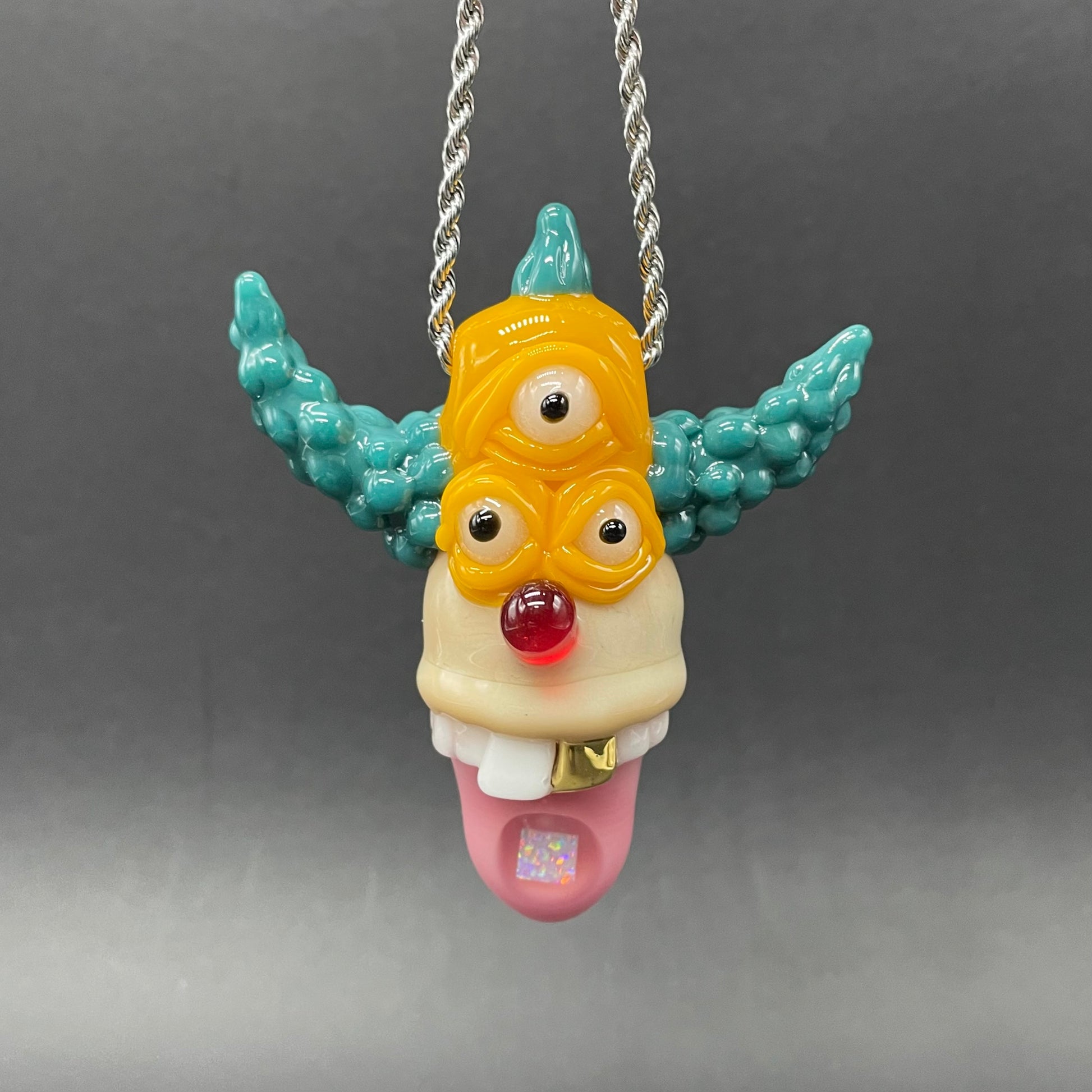 Hand-blown glass Krusty the clown glass pendant with opal tab by Leviathan Glass