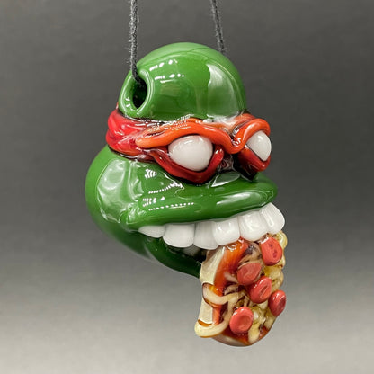 Glass Ninja Turtle Pendant – Handmade Raphael Pizza Necklace, TMNT Fan Jewelry