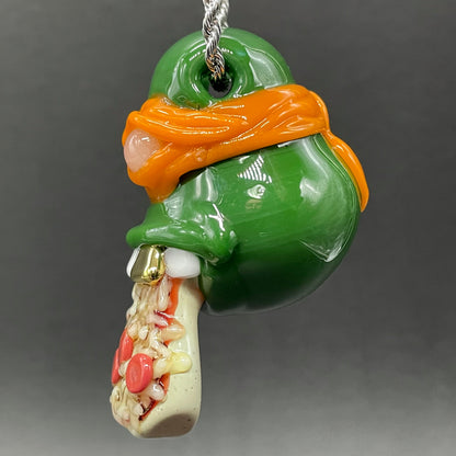 Glass Ninja Turtle Pendant – Handmade Michelangelo Pizza Necklace, TMNT Fan Jewelry