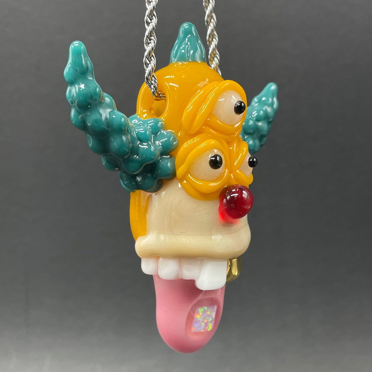 Krusty the clown glass pendant with opal tab craftsmanship - artisan glass work