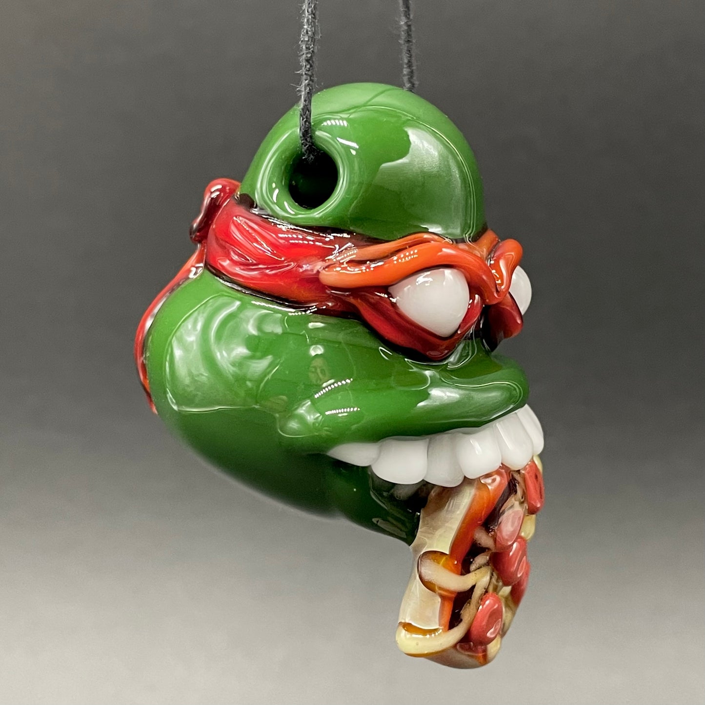 Glass Ninja Turtle Pendant – Handmade Raphael Pizza Necklace, TMNT Fan Jewelry