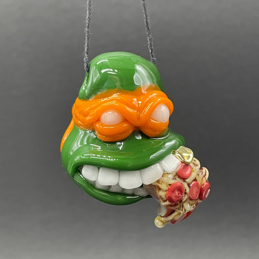 Glass Ninja Turtle Pendant – Handmade Michelangelo Pizza Necklace, TMNT Fan Jewelry