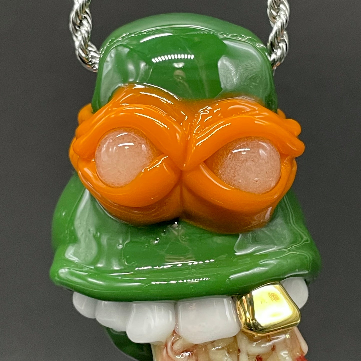 Glass Ninja Turtle Pendant – Handmade Michelangelo Pizza Necklace, TMNT Fan Jewelry