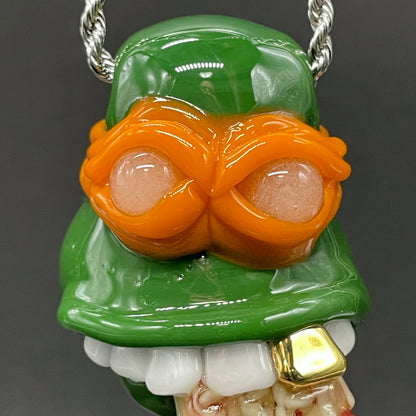 Glass Ninja Turtle Pendant – Handmade Michelangelo Pizza Necklace, TMNT Fan Jewelry