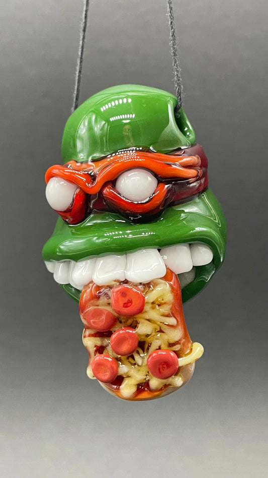 Glass Ninja Turtle Pendant – Handmade Raphael Pizza Necklace, TMNT Fan Jewelry