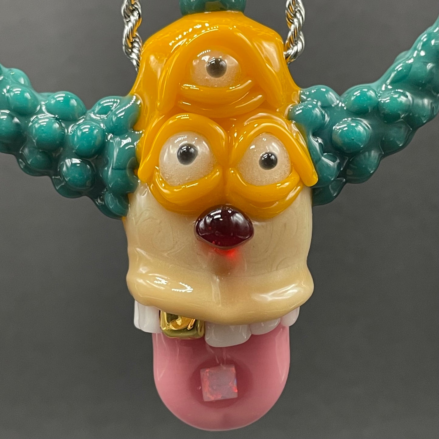 Third eye Krusty the clown glass pendant with opal tab