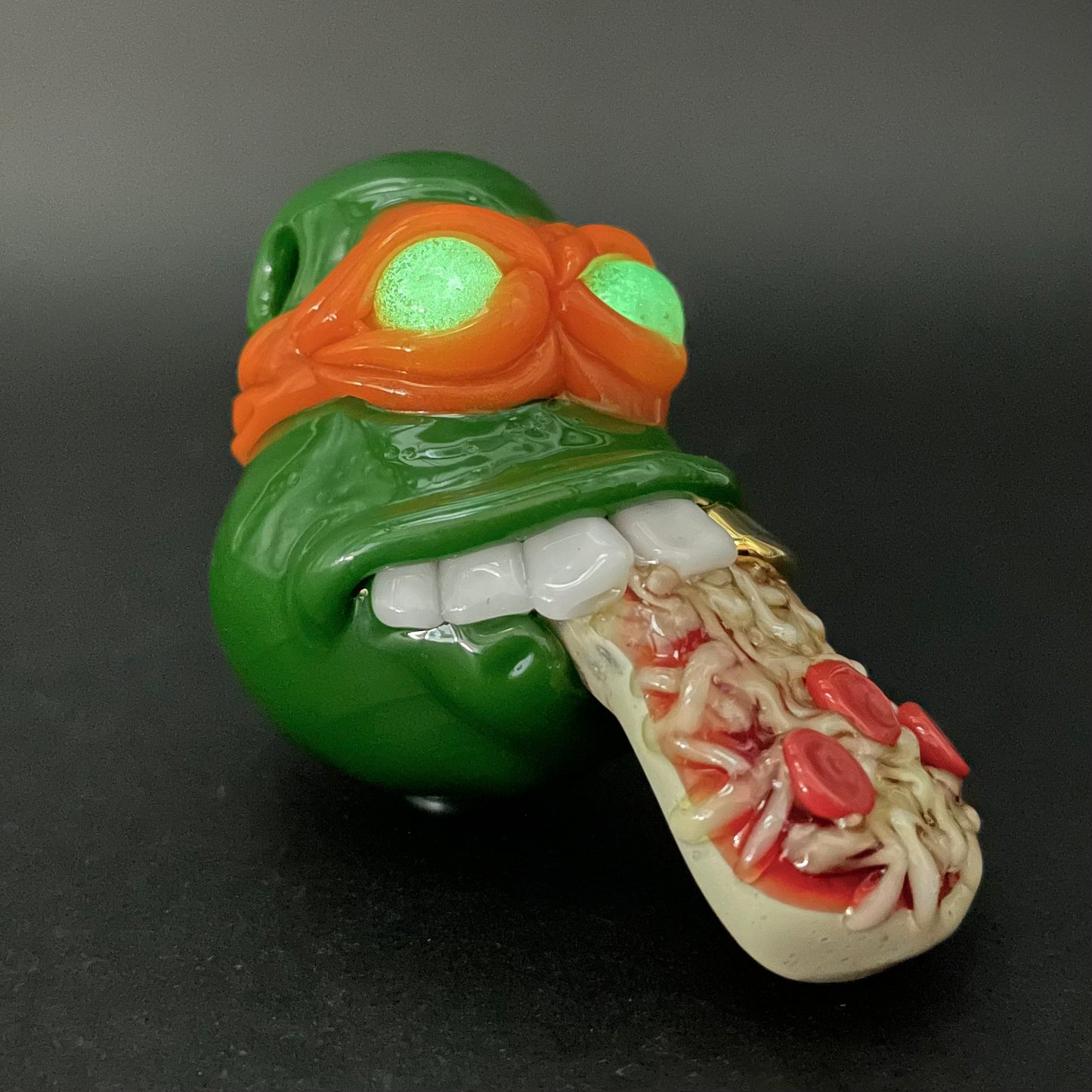 Glass Ninja Turtle Pendant – Handmade Michelangelo Pizza Necklace, TMNT Fan Jewelry