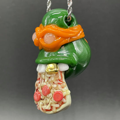 Glass Ninja Turtle Pendant – Handmade Michelangelo Pizza Necklace, TMNT Fan Jewelry