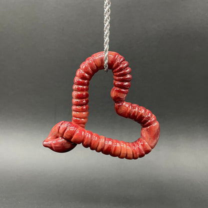Hand-blown glass Large glass earthworm heart shaped pendant by Leviathan Glass
