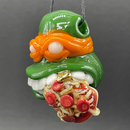 Glass Ninja Turtle Pendant – Handmade Michelangelo Pizza Necklace, TMNT Fan Jewelry