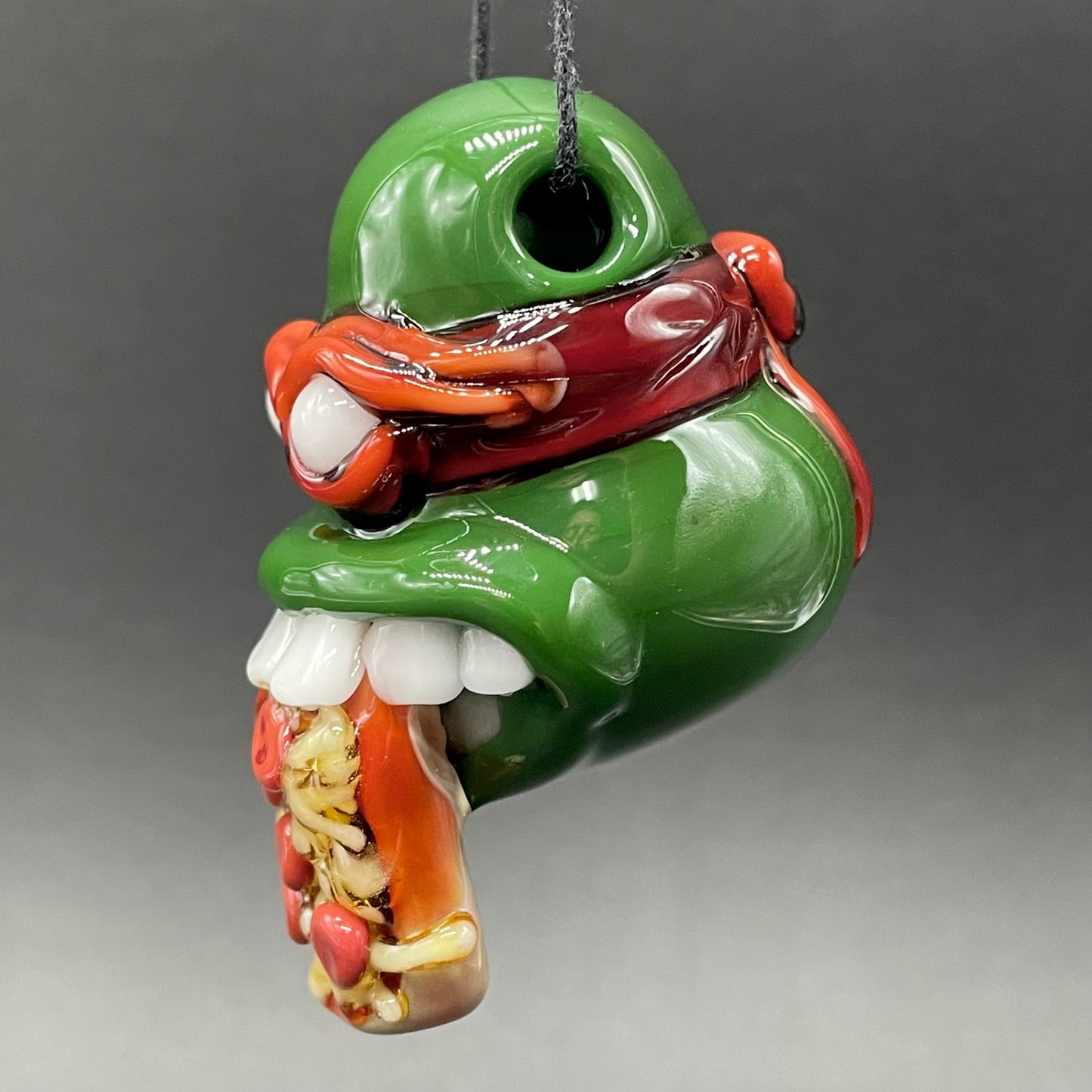 Glass Ninja Turtle Pendant – Handmade Raphael Pizza Necklace, TMNT Fan Jewelry