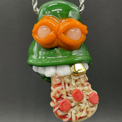 Glass Ninja Turtle Pendant – Handmade Michelangelo Pizza Necklace, TMNT Fan Jewelry