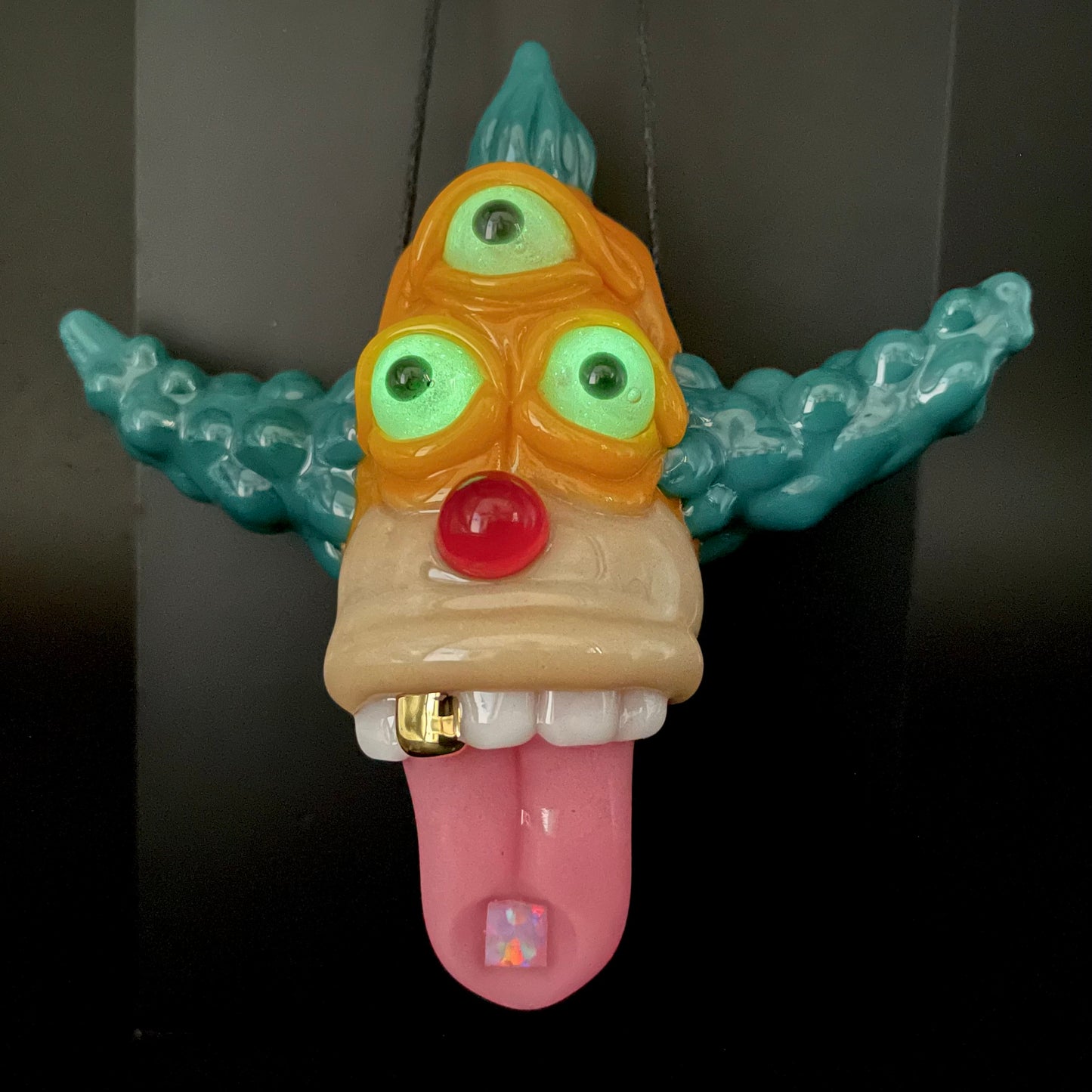 Third eye Krusty the clown glass pendant with opal tab
