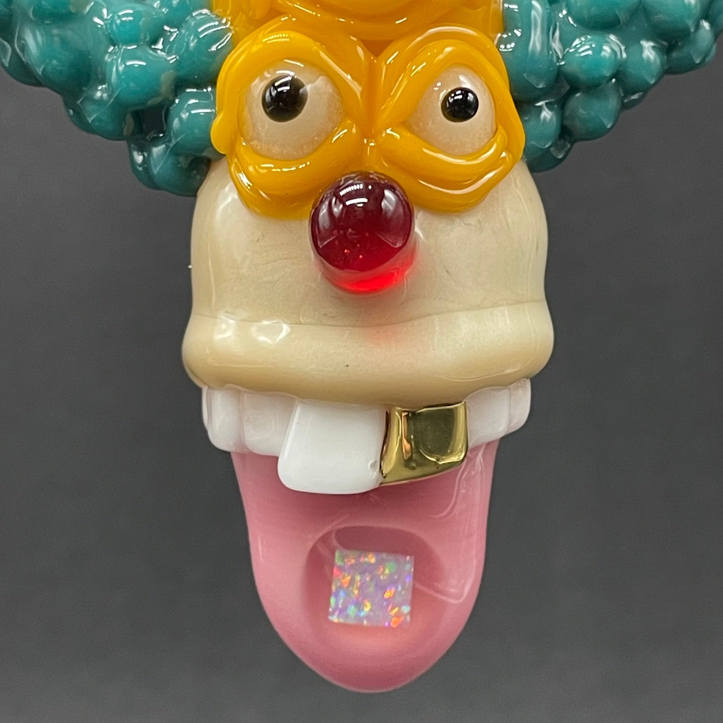 Artisan glass Krusty the clown glass pendant with opal tab - detailed craftsmanship