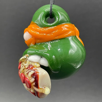 Glass Ninja Turtle Pendant – Handmade Michelangelo Pizza Necklace, TMNT Fan Jewelry
