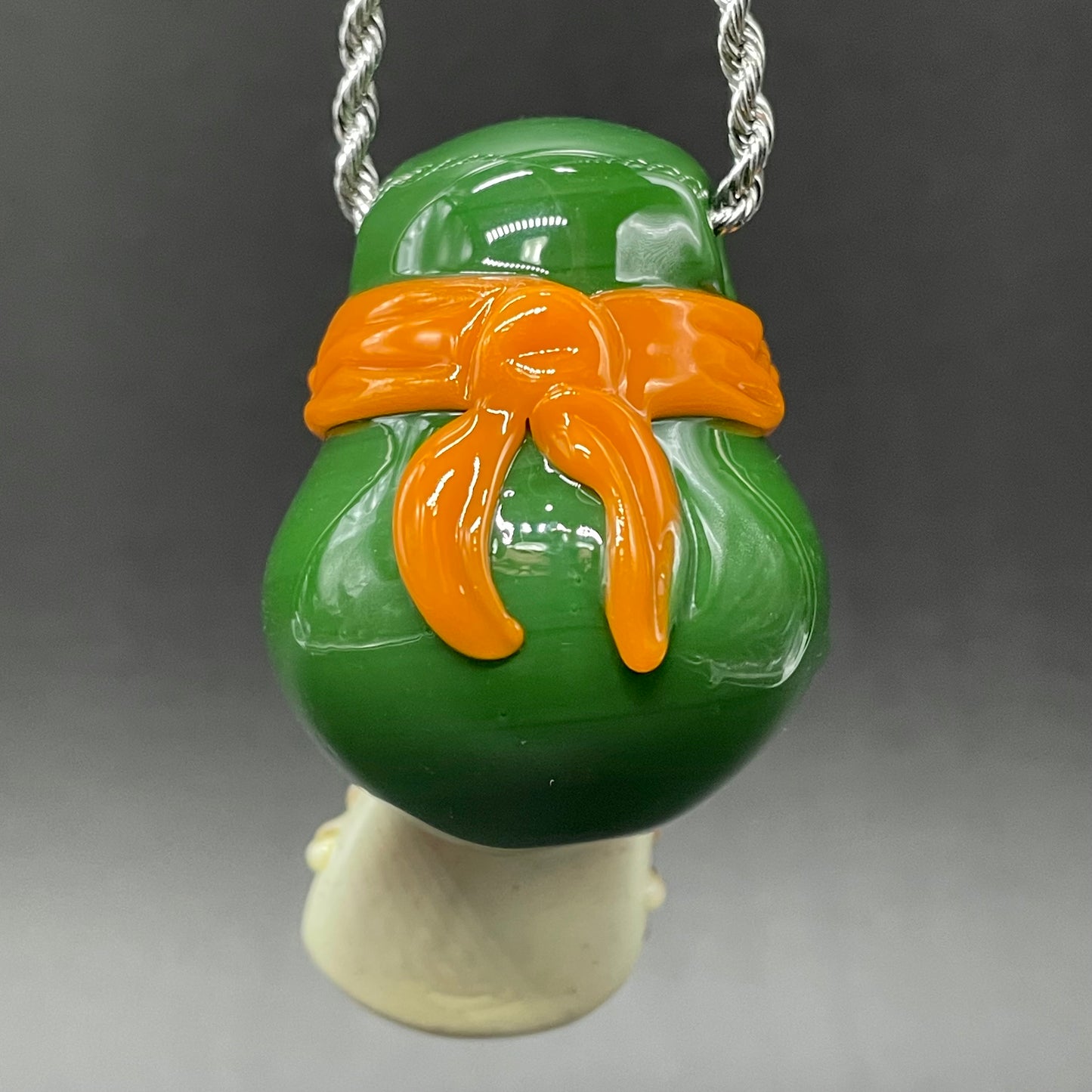 Glass Ninja Turtle Pendant – Handmade Michelangelo Pizza Necklace, TMNT Fan Jewelry