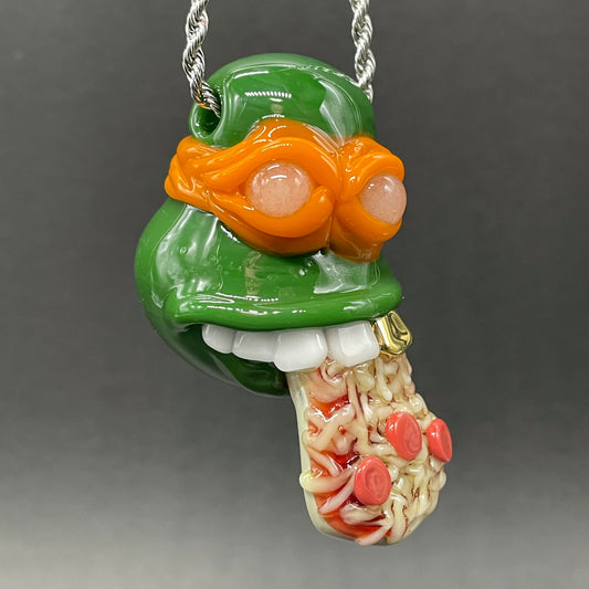 Glass Ninja Turtle Pendant – Handmade Michelangelo Pizza Necklace, TMNT Fan Jewelry