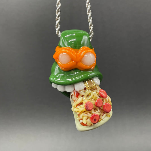 Glass Ninja Turtle Pendant – Handmade Michelangelo Pizza Necklace, TMNT Fan Jewelry