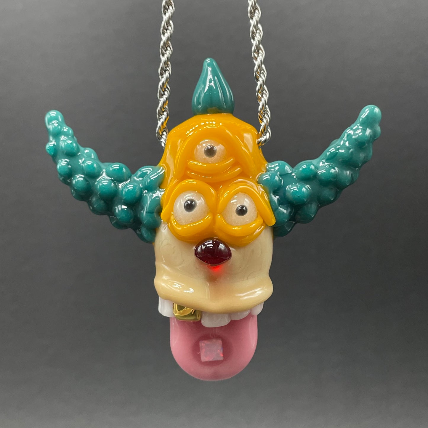 Third eye Krusty the clown glass pendant with opal tab