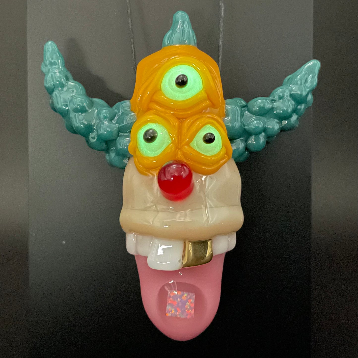 Hand-blown Krusty the clown glass pendant with opal tab - Leviathan Glass original