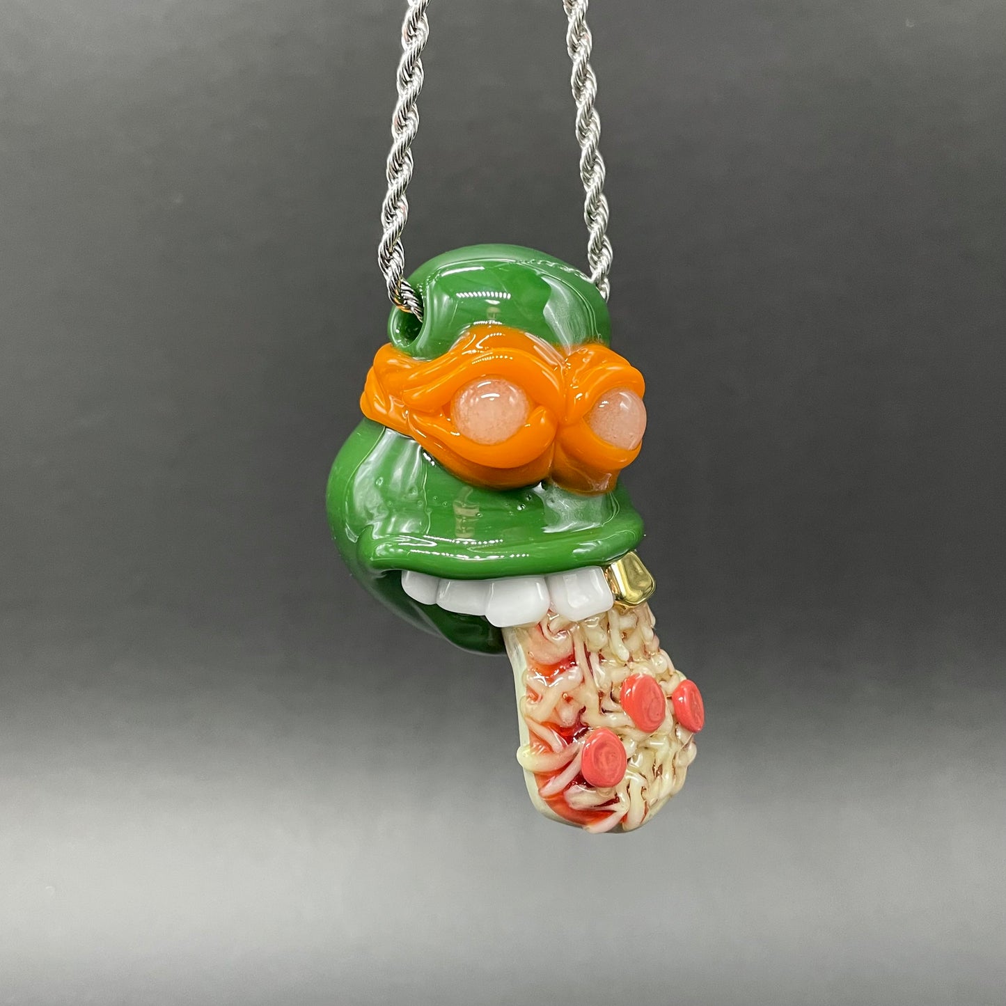 Glass Ninja Turtle Pendant – Handmade Michelangelo Pizza Necklace, TMNT Fan Jewelry