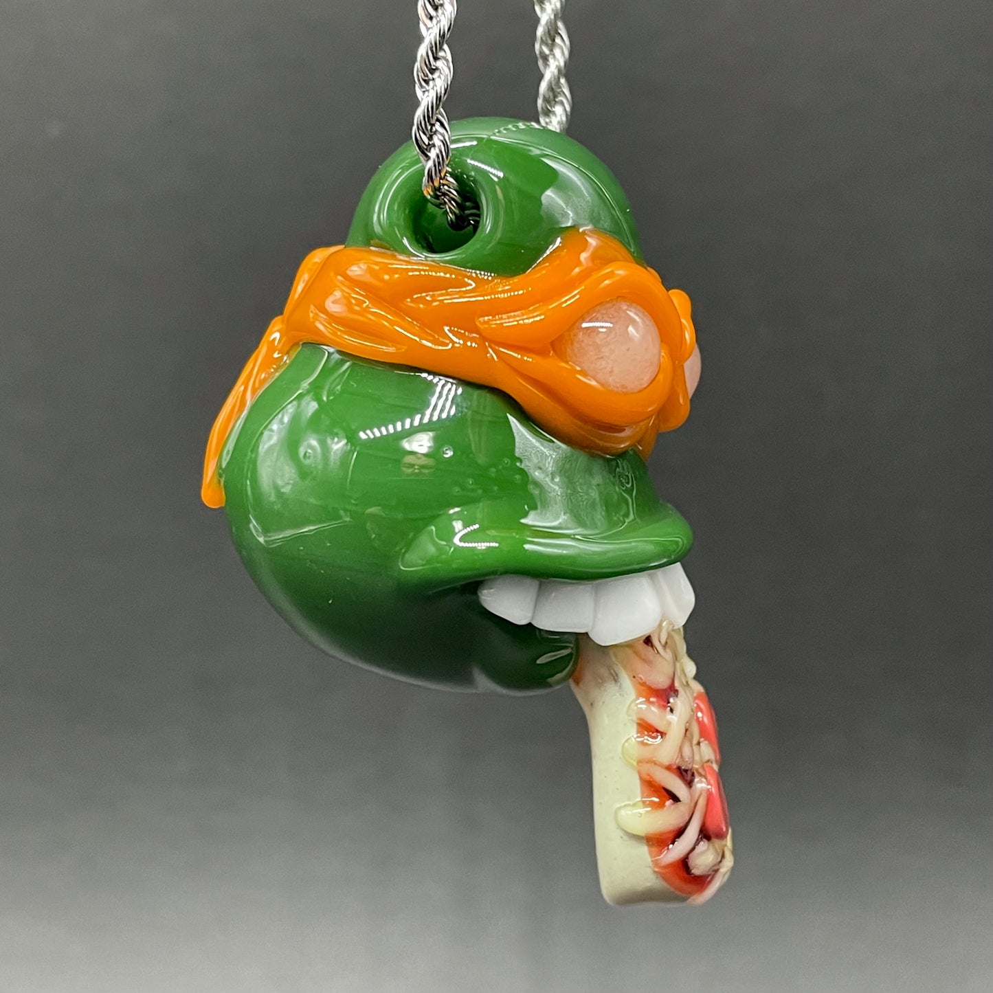 Glass Ninja Turtle Pendant – Handmade Michelangelo Pizza Necklace, TMNT Fan Jewelry