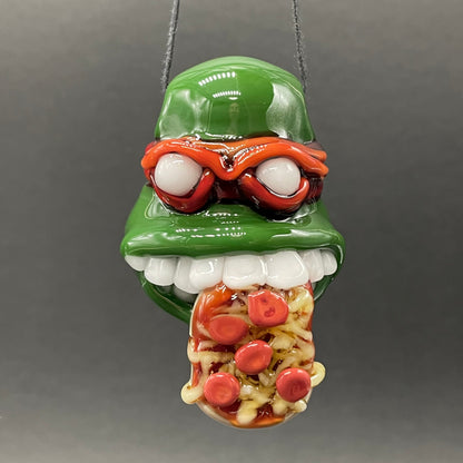 Glass Ninja Turtle Pendant – Handmade Raphael Pizza Necklace, TMNT Fan Jewelry