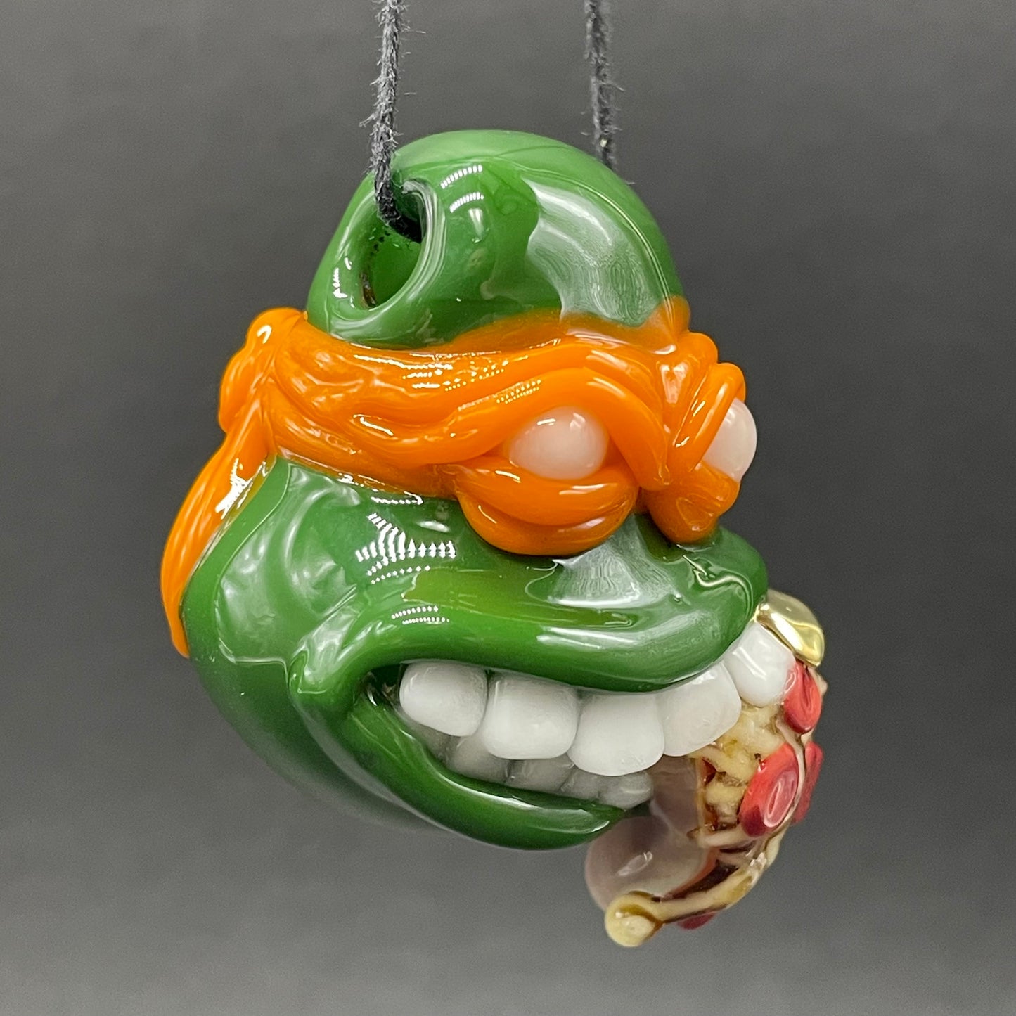 Glass Ninja Turtle Pendant – Handmade Michelangelo Pizza Necklace, TMNT Fan Jewelry